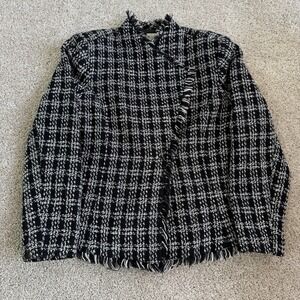 Carlucci Blazer Jacket Womens 14 Black Plaid Tweed Fringe Lined Short Classic